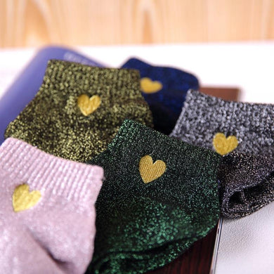 Cute Embroidery Gold Heart Love Glitter Women Socks - GoHappyShopin