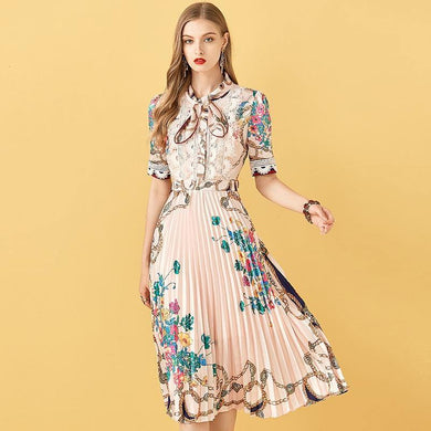Women Fashion Midi Dress Lace Patchwork Floral Print Vintage Pleated Dress 2021 - GoHappyShopin
