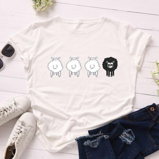 Women Cute Sheep Animal Print T Short - GoHappyShopin