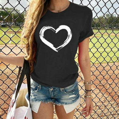 Women Heart Print Short Sleeve T shirt - GoHappyShopin