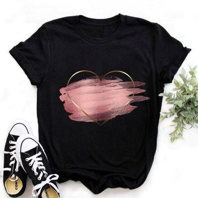Women Heart Flower Print Short Sleeve T-shirt - GoHappyShopin