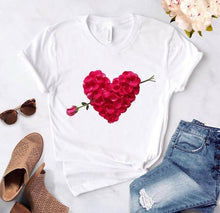 Load image into Gallery viewer, Women Heart Flower Print Short Sleeve T-shirt - GoHappyShopin
